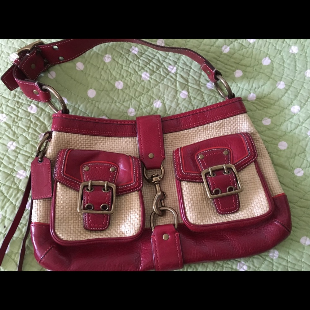Coach Legacy leather and straw shoulder bag
